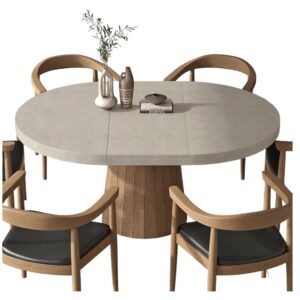 Japandi 39"-55" Extendable Dining Table for 6 Gray Oval&Round Table Pedestal