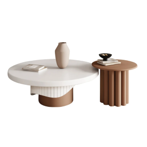 Yarnic 2-Piece Round Wood Coffee Table Set with Fluted Base in White & Walnut