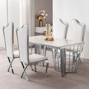 Modern White Upholstered Dining Chairs Set of 2 High Back Side Chair Silver Legs